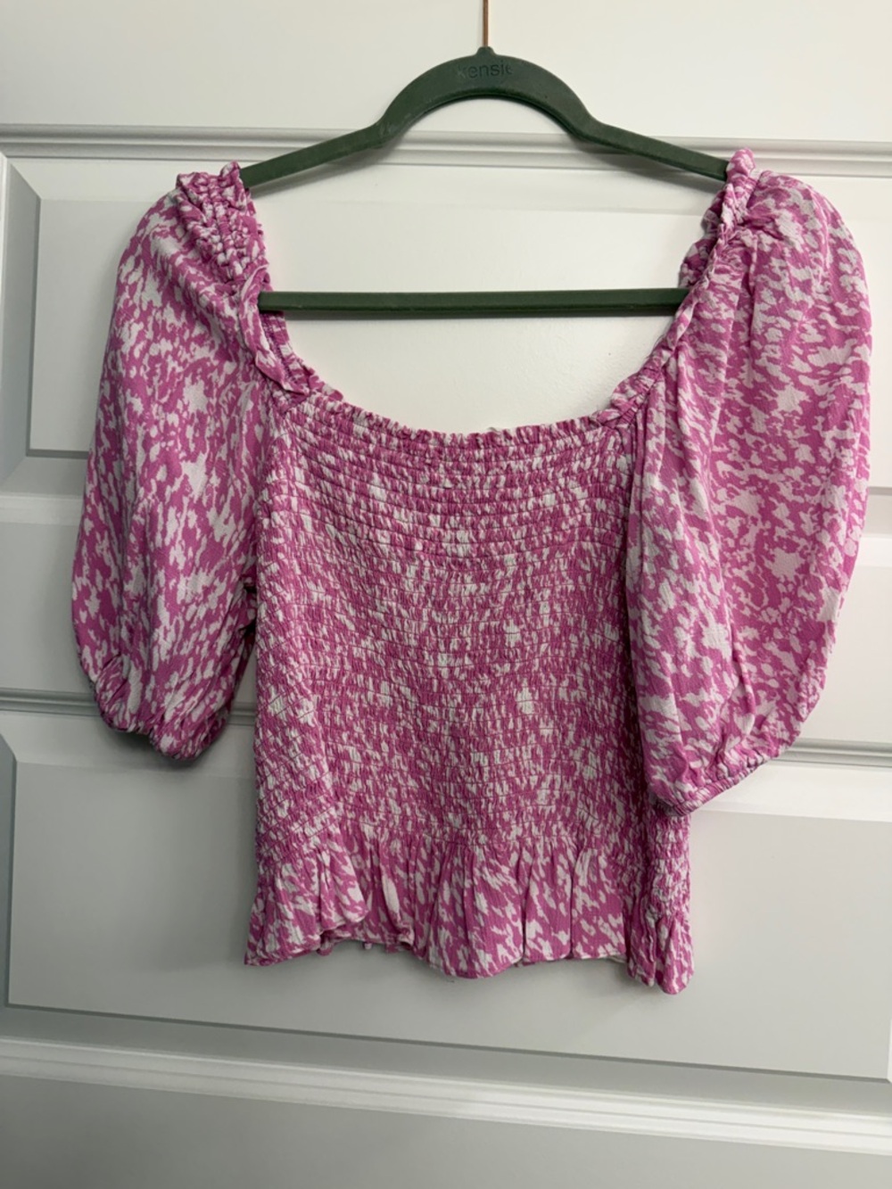 Lush Pink and White Smocked Puff-Sleeve Blouse